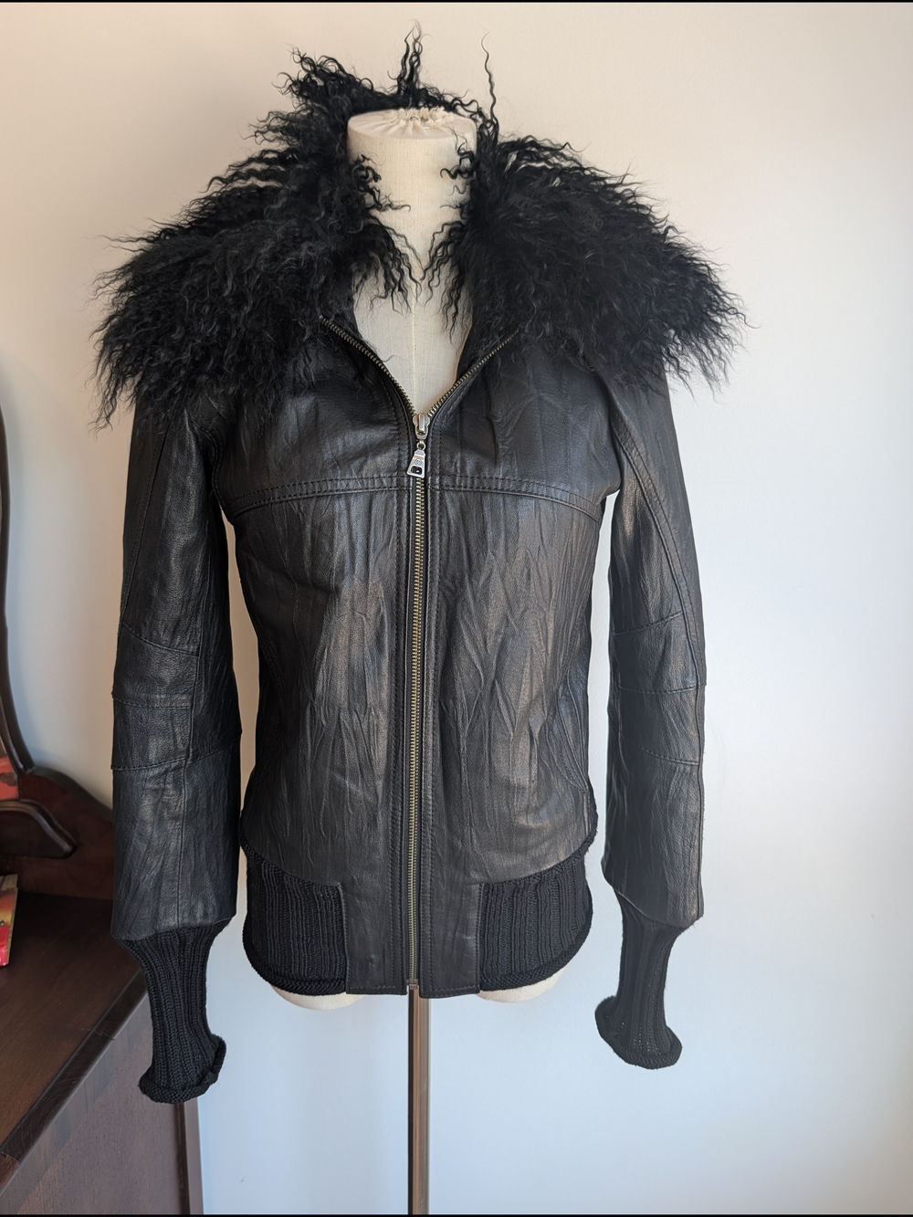 Black Leather Jacket with Real Fur Collar